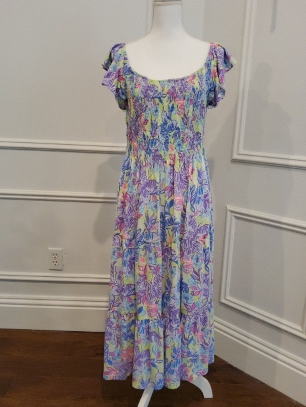 Lilly Pulitzer Pastel Floral Smocked Maxi Dress in Purple, Pink, Blue, Yellow